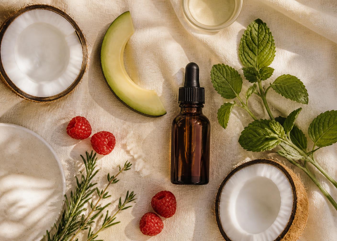 Coconut, avocado, fresh herbs, raspberries and an amber dropper bottle on cream linen